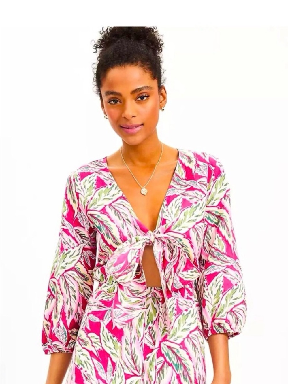 Loft Beach Tie-Front Linen Crop Short Romper Pink Leaf Print 3/4 Sleeves Sz L